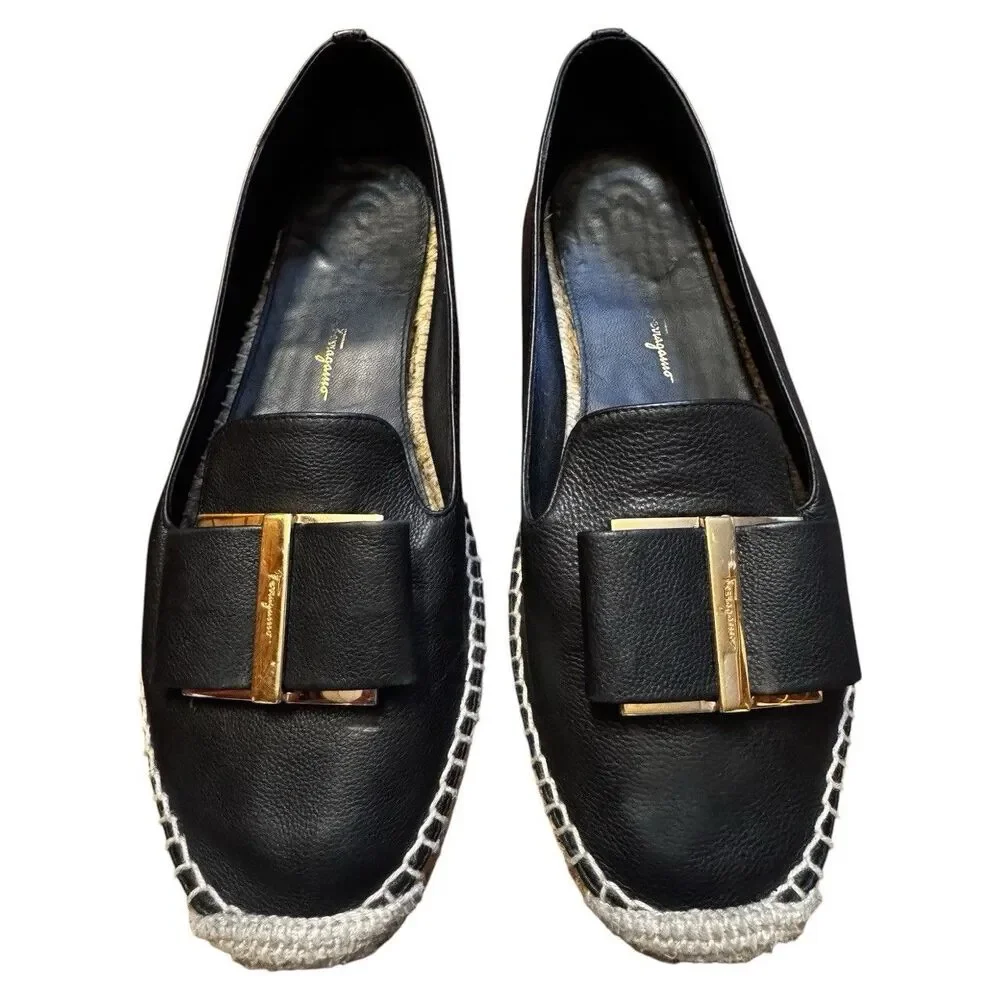 Ferragamo Black Sannio Leather Bow Espadrilles Size 8 - Picture 3 of 8